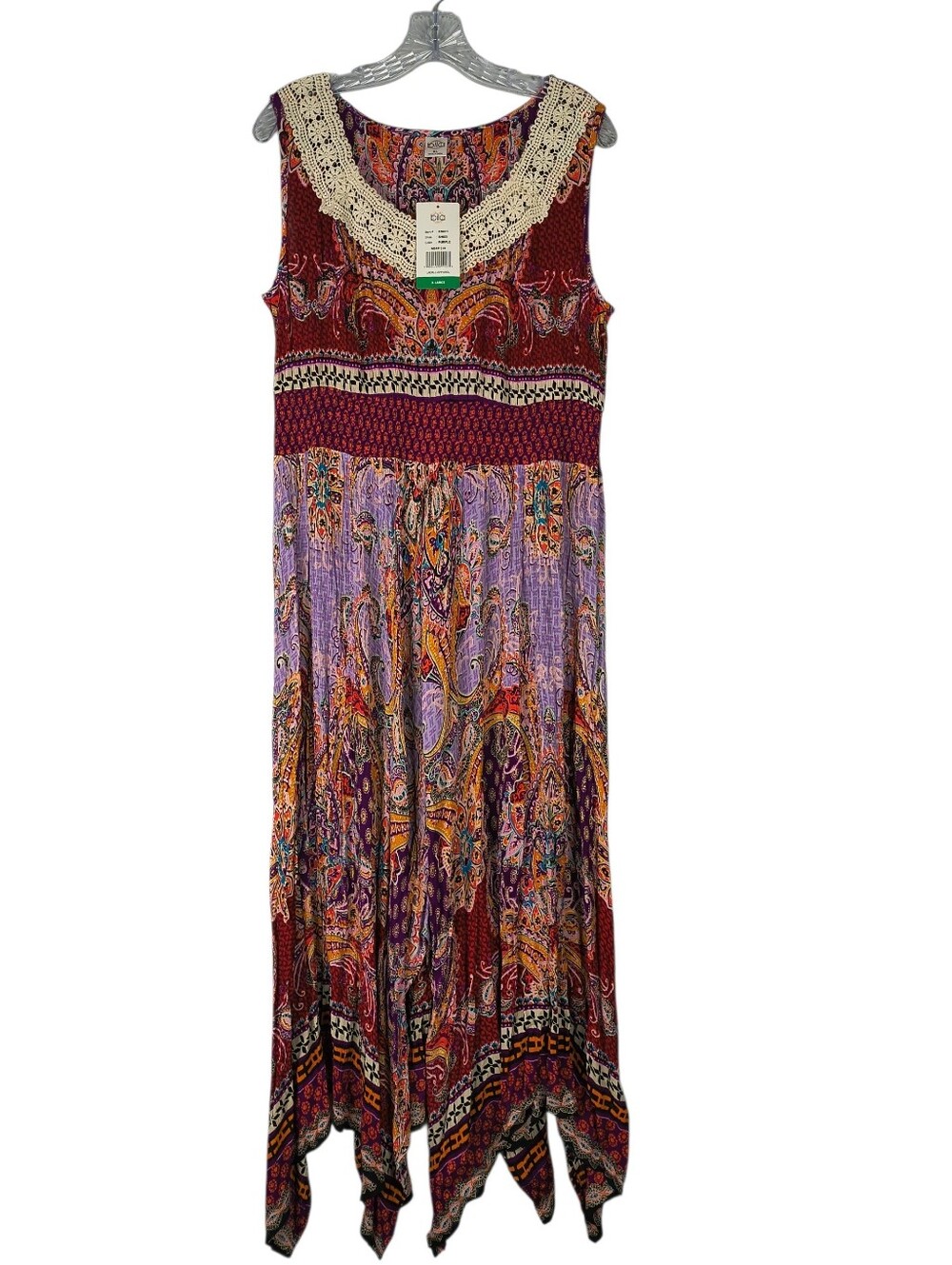 Bila Maxi Dress Women's XL Purple Burgundy Boho Crochet Trim Paisley Sleeveless
